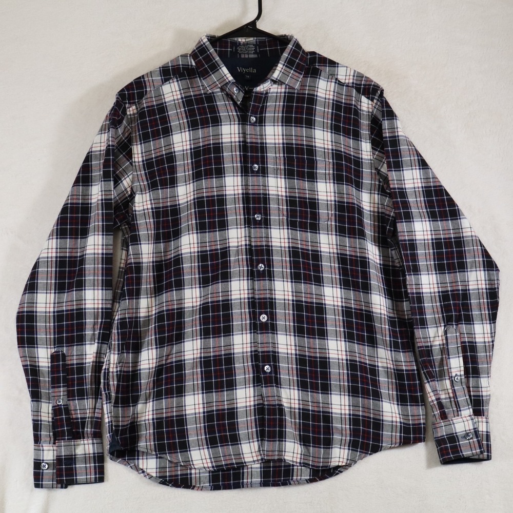Viyella Men's Size L Navy Plaid Flannel Button Up Shirt Cotton Wool Blend